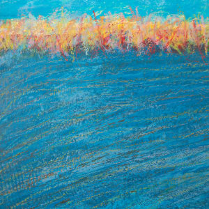 "Horizon" by Steven McHugh  Image: Detail view of "Horizon," an original mixed media painting by Steve McHugh, a  artist from Madeline Island in the Apostle Islands, Lake Superior, WI. This captivating piece presents an eye-level view of a pond, where swirling foreground waters meet a horizon line of bold grasses marked by crayon and a serene clear blue sky. Measuring 14.5" x 10.5" x 2.5", this artwork features deep textures and markings that draw the viewer into its dynamic composition. Mounted in a gallery floating frame and ready to hang, "Horizon" effortlessly blends natural elements with artistic innovation, encapsulating the unique essence of Steve McHugh's non-representational abstract style. Transform your environment with this striking piece, available exclusively at stevemchughart.com. Shipping and sales tax is added after destination is established.

This abstract piece is dominated by the color blue, the composition is divided into two main sections: the majority of the panel displays varying shades of blue, with visible brush strokes or textures creating a sense of depth and movement. The upper portion of the artwork features a contrasting horizontal band of vibrant colors, including reds, oranges, and yellows, which create a striking boundary against the blue background. The interplay of these colors adds a dynamic and horizon-like effect to the piece. 