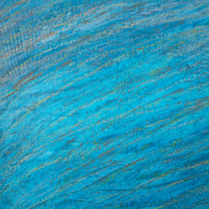 "Horizon" by Steven McHugh  Image: Detail view of  "Horizon," an original mixed media painting by Steve McHugh, a  artist from Madeline Island in the Apostle Islands, Lake Superior, WI. This captivating piece presents an eye-level view of a pond, where swirling foreground waters meet a horizon line of bold grasses marked by crayon and a serene clear blue sky. Measuring 14.5" x 10.5" x 2.5", this artwork features deep textures and markings that draw the viewer into its dynamic composition. Mounted in a gallery floating frame and ready to hang, "Horizon" effortlessly blends natural elements with artistic innovation, encapsulating the unique essence of Steve McHugh's non-representational abstract style. Transform your environment with this striking piece, available exclusively at stevemchughart.com. Shipping and sales tax is added after destination is established.

This abstract piece is dominated by the color blue, the composition is divided into two main sections: the majority of the panel displays varying shades of blue, with visible brush strokes or textures creating a sense of depth and movement. The upper portion of the artwork features a contrasting horizontal band of vibrant colors, including reds, oranges, and yellows, which create a striking boundary against the blue background. The interplay of these colors adds a dynamic and horizon-like effect to the piece. 