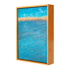 "Horizon" by Steven McHugh  Image: Side view of "Horizon," an original mixed media painting by Steve McHugh, a  artist from Madeline Island in the Apostle Islands, Lake Superior, WI. This captivating piece presents an eye-level view of a pond, where swirling foreground waters meet a horizon line of bold grasses marked by crayon and a serene clear blue sky. Measuring 14.5" x 10.5" x 2.5", this artwork features deep textures and markings that draw the viewer into its dynamic composition. Mounted in a gallery floating frame and ready to hang, "Horizon" effortlessly blends natural elements with artistic innovation, encapsulating the unique essence of Steve McHugh's non-representational abstract style. Transform your environment with this striking piece, available exclusively at stevemchughart.com. Shipping and sales tax is added after destination is established.

This abstract piece is dominated by the color blue, the composition is divided into two main sections: the majority of the panel displays varying shades of blue, with visible brush strokes or textures creating a sense of depth and movement. The upper portion of the artwork features a contrasting horizontal band of vibrant colors, including reds, oranges, and yellows, which create a striking boundary against the blue background. The interplay of these colors adds a dynamic and horizon-like effect to the piece. 