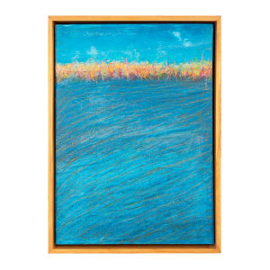 "Horizon" by Steven McHugh  Image: Elevate your space with "Horizon," an original mixed media painting by Steve McHugh, a  artist from Madeline Island in the Apostle Islands, Lake Superior, WI. This captivating piece presents an eye-level view of a pond, where swirling foreground waters meet a horizon line of bold grasses marked by crayon and a serene clear blue sky. Measuring 14.5" x 10.5" x 2.5", this artwork features deep textures and markings that draw the viewer into its dynamic composition. Mounted in a gallery floating frame and ready to hang, "Horizon" effortlessly blends natural elements with artistic innovation, encapsulating the unique essence of Steve McHugh's non-representational abstract style. Transform your environment with this striking piece, available exclusively at stevemchughart.com. Shipping and sales tax is added after destination is established.

This abstract piece is dominated by the color blue, the composition is divided into two main sections: the majority of the panel displays varying shades of blue, with visible brush strokes or textures creating a sense of depth and movement. The upper portion of the artwork features a contrasting horizontal band of vibrant colors, including reds, oranges, and yellows, which create a striking boundary against the blue background. The interplay of these colors adds a dynamic and horizon-like effect to the piece. 