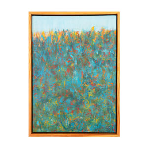 "Color Abstraction #5" by Steven McHugh  Image: Immerse yourself in the evocative world of "Color Abstraction #5" by Steve McHugh, a mixed-media painter from Madeline Island. This original piece captivates with its deep textures and bold contrasting colors dominating the lower two-thirds, seamlessly transitioning into soft pastel blues "Sky". Featuring an intensive teal backdrop accentuated by striking splashes of red, yellow, and blue and punctuated by a horizon line of yellows, this artwork is a visual symphony. The 14.5" x 10.5" x 2.5" wood panel is elegantly framed in a gallery floating frame, making it a standout addition to any art collection. Visit stevemchughart.com to explore this masterpiece and embrace the vibrant, abstract beauty it offers. Sales tax and shipping is calulated when destination is determined.

This  abstract painting with a vibrant and dynamic color composition. The panel is filled with a rich tapestry of colors, predominantly featuring blues and greens, interspersed with bursts of red, yellow, and orange. The brushstrokes are energetic and varied, creating a sense of movement and texture across the painting. The top of the artwork shows a lighter area, giving an impression of depth and suggesting a horizon line. 