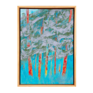 "Wind Streams" by Steven McHugh  Image: Experience the dynamic essence of nature with "Wind Streams," a bold color abstract landscape painting that vividly captures the wind streaming through the trees and the movement of the leaves. Vibrant reds and yellows of the textured trees contrast strikingly against the energetic blue grass undergrowth, creating a scene full of action and life. This stunning oil and cold wax painting on a 14.5" x 10.5" wood panel is beautifully presented in a wood gallery floating frame, making it a perfect addition to any art collection. Explore more of my mixed-media non-representational abstract work inspired by the natural beauty of Madeline Island at stevemchughart.com. Discover how the dynamic interplay of colors and textures can transform your space. Sales tax and shipping is added after destination is determined.

This abstract depiction of vertical forms, trees, characterized by vibrant colors and dynamic brushstrokes. The panel is filled with overlapping strokes of neon oranges, yellows, and reds, giving a sense of energy and movement. These bright hues contrast sharply against a pastel background of blues and greens, creating a visually striking composition. Wispy strokes of gray and white weave through the piece, adding texture and depth. The artwork evokes a sense of a forest scene, rendered in an expressive, modern style.