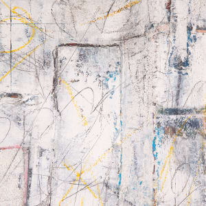 "Interplay" by Steven McHugh  Image: Detail view of  "Interplay," an original mixed media painting on wood panel measuring 48.75" x 12.75" x 2.5". This piece features a striking interplay of black and white on canvas on canvas for added depth, with a color underpainting and a whitewashed finish embellished with intricate mark making using graphite and crayon by Steve McHugh. Ideal for modern urban condos and clean warehouse spaces, this artwork brings a sophisticated touch to contemporary interiors. Let "Interplay" transform your space with its dynamic contrasts and textured layers.

This  tall, rectangular abstract painting with a predominantly white foreground. Various shapes with soft, earthy tones and muted colors, including subtle hints of blue, yellow, and red, are scattered across the canvas. These shapes have irregular, geometric outlines from additional canvas pieces, creating a sense of interconnectedness. The painting is crisscrossed with fine, dark lines and scribbles, adding texture and depth to the composition. The shapes and colors give the piece an intricate, yet balanced and harmonious feel.

Shipping and sales tax is added after destination is determined.