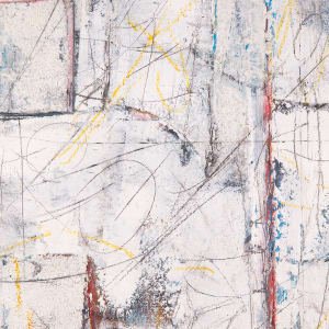 "Interplay" by Steven McHugh  Image: Detail view of "Interplay," an original mixed media painting on wood panel measuring 48.75" x 12.75" x 2.5". This piece features a striking interplay of black and white on canvas on canvas for added depth, with a color underpainting and a whitewashed finish embellished with intricate mark making using graphite and crayon by Steve McHugh. Ideal for modern urban condos and clean warehouse spaces, this artwork brings a sophisticated touch to contemporary interiors. Let "Interplay" transform your space with its dynamic contrasts and textured layers.

This  tall, rectangular abstract painting with a predominantly white foreground. Various shapes with soft, earthy tones and muted colors, including subtle hints of blue, yellow, and red, are scattered across the canvas. These shapes have irregular, geometric outlines from additional canvas pieces, creating a sense of interconnectedness. The painting is crisscrossed with fine, dark lines and scribbles, adding texture and depth to the composition. The shapes and colors give the piece an intricate, yet balanced and harmonious feel.

Shipping and sales tax is added after destination is determined.
