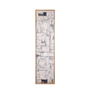 "Interplay" by Steven McHugh  Image: Experience the captivating allure of "Interplay," an original mixed media painting on wood panel measuring 48.75" x 12.75" x 2.5". This piece features a striking interplay of black and white on canvas on canvas for added depth, with a color underpainting and a whitewashed finish embellished with intricate mark making using graphite and crayon by Steve McHugh. Ideal for modern urban condos and clean warehouse spaces, this artwork brings a sophisticated touch to contemporary interiors. Let "Interplay" transform your space with its dynamic contrasts and textured layers.

This  tall, rectangular abstract painting with a predominantly white foreground. Various shapes with soft, earthy tones and muted colors, including subtle hints of blue, yellow, and red, are scattered across the canvas. These shapes have irregular, geometric outlines from additional canvas pieces, creating a sense of interconnectedness. The painting is crisscrossed with fine, dark lines and scribbles, adding texture and depth to the composition. The shapes and colors give the piece an intricate, yet balanced and harmonious feel.

Shipping and sales tax is added after destination is determined.