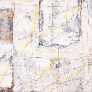 "Interplay #2" by Steven McHugh  Image: Detail view of "Interplay #2," a stunning abstract minimalist painting that reveals intricate layers and textures upon closer inspection. Created by artist Steve McHugh, this urban centric piece measures 48.75" x 12.75" x 2.5" on wood panel, meticulously crafted with layers of canvas and painting. The canvas on canvas, textured with underpainting and mark making, adds depth and dimension to the tall mixed media painting. From a distance, "Interplay #2" exudes a sense of simplicity, but up close, it unveils a mesmerizing intricacy and depth that will endlessly inspire and captivate. Can add "Interplay" to create a diptych or use as stand alone piece.  Shipping and sales tax will be added after destination is established.

This  abstract painting characterized by a dominating white foreground interspersed with various geometric shapes and lines. Contrasting colors such as black, red, and hints of blue and yellow are used sparingly throughout the piece. The composition incorporates rough textures and layered elements that create depth and complexity. Light and dark patches, along with intersecting lines and shapes, add dynamism and a sense of movement to the artwork.