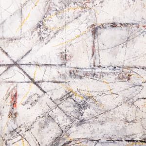 "Interplay #2" by Steven McHugh  Image: Detail view of "Interplay #2," a stunning abstract minimalist painting that reveals intricate layers and textures upon closer inspection. Created by artist Steve McHugh, this urban centric piece measures 48.75" x 12.75" x 2.5" on wood panel, meticulously crafted with layers of canvas and painting. The canvas on canvas, textured with underpainting and mark making, adds depth and dimension to the tall mixed media painting. From a distance, "Interplay #2" exudes a sense of simplicity, but up close, it unveils a mesmerizing intricacy and depth that will endlessly inspire and captivate. Can add "Interplay" to create a diptych or use as stand alone piece.  Shipping and sales tax will be added after destination is established.

This  abstract painting characterized by a dominating white foreground interspersed with various geometric shapes and lines. Contrasting colors such as black, red, and hints of blue and yellow are used sparingly throughout the piece. The composition incorporates rough textures and layered elements that create depth and complexity. Light and dark patches, along with intersecting lines and shapes, add dynamism and a sense of movement to the artwork.