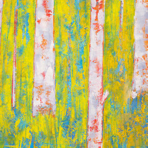 "The Lookouts" by Steven McHugh  Image: Detail view  of "The Lookouts,"  an original oil and cold wax painting that beautifully depicts the ancient trees along the edge of Big Bay Town Park and Lake Superior. This unique artwork by Madeline Island painter Steve McHugh captures the essence of the past forest with bold abstract colors and intricate details of the foliage and beach grasses. Measuring 16.75" x 20.75" x 2.5", this painting is a stunning portrayal of the old tree remains that stand as a reminder of history and natural beauty. "The Lookouts" would make a captivating addition to any art collection, bringing a touch of the serene and majestic outdoors to any space. If you're looking for a one-of-a-kind piece that evokes a sense of wonder and admiration, The Lookouts is sure to impress.

This vibrant painting featuring a colorful, abstract representation of nature. The piece predominantly uses yellow, green, blue, and white hues. The foreground showcases tall, vertical white tree trunks with red highlights, suggesting birch trees. The background includes a blend of yellow and green, signifying foliage or grass, and a sky rendered in varying shades of blue and light blue, signifying a bright and clear day. The use of bold, contrasting colors and textured brushstrokes creates a dynamic and lively scene.

Shipping and sales tax will be determined upon destination is determined.