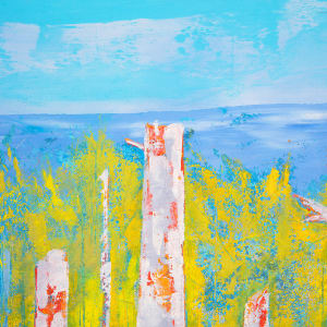 "The Lookouts" by Steven McHugh  Image: Detail view of "The Lookouts,"  an original oil and cold wax painting that beautifully depicts the ancient trees along the edge of Big Bay Town Park and Lake Superior. This unique artwork by Madeline Island painter Steve McHugh captures the essence of the past forest with bold abstract colors and intricate details of the foliage and beach grasses. Measuring 16.75" x 20.75" x 2.5", this painting is a stunning portrayal of the old tree remains that stand as a reminder of history and natural beauty. "The Lookouts" would make a captivating addition to any art collection, bringing a touch of the serene and majestic outdoors to any space. If you're looking for a one-of-a-kind piece that evokes a sense of wonder and admiration, The Lookouts is sure to impress.

This vibrant painting featuring a colorful, abstract representation of nature. The piece predominantly uses yellow, green, blue, and white hues. The foreground showcases tall, vertical white tree trunks with red highlights, suggesting birch trees. The background includes a blend of yellow and green, signifying foliage or grass, and a sky rendered in varying shades of blue and light blue, signifying a bright and clear day. The use of bold, contrasting colors and textured brushstrokes creates a dynamic and lively scene.

Shipping and sales tax will be determined upon destination is determined.