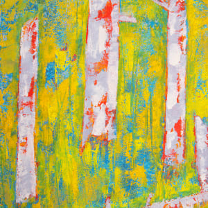 "The Lookouts" by Steven McHugh  Image: Detail view of "The Lookouts,"  an original oil and cold wax painting that beautifully depicts the ancient trees along the edge of Big Bay Town Park and Lake Superior. This unique artwork by Madeline Island painter Steve McHugh captures the essence of the past forest with bold abstract colors and intricate details of the foliage and beach grasses. Measuring 16.75" x 20.75" x 2.5", this painting is a stunning portrayal of the old tree remains that stand as a reminder of history and natural beauty. "The Lookouts" would make a captivating addition to any art collection, bringing a touch of the serene and majestic outdoors to any space. If you're looking for a one-of-a-kind piece that evokes a sense of wonder and admiration, The Lookouts is sure to impress.

This vibrant painting featuring a colorful, abstract representation of nature. The piece predominantly uses yellow, green, blue, and white hues. The foreground showcases tall, vertical white tree trunks with red highlights, suggesting birch trees. The background includes a blend of yellow and green, signifying foliage or grass, and a sky rendered in varying shades of blue and light blue, signifying a bright and clear day. The use of bold, contrasting colors and textured brushstrokes creates a dynamic and lively scene.

Shipping and sales tax will be determined upon destination is determined.