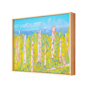 "The Lookouts" by Steven McHugh  Image: Side view of "The Lookouts,"  an original oil and cold wax painting that beautifully depicts the ancient trees along the edge of Big Bay Town Park and Lake Superior. This unique artwork by Madeline Island painter Steve McHugh captures the essence of the past forest with bold abstract colors and intricate details of the foliage and beach grasses. Measuring 16.75" x 20.75" x 2.5", this painting is a stunning portrayal of the old tree remains that stand as a reminder of history and natural beauty. "The Lookouts" would make a captivating addition to any art collection, bringing a touch of the serene and majestic outdoors to any space. If you're looking for a one-of-a-kind piece that evokes a sense of wonder and admiration, The Lookouts is sure to impress.

This vibrant painting featuring a colorful, abstract representation of nature. The piece predominantly uses yellow, green, blue, and white hues. The foreground showcases tall, vertical white tree trunks with red highlights, suggesting birch trees. The background includes a blend of yellow and green, signifying foliage or grass, and a sky rendered in varying shades of blue and light blue, signifying a bright and clear day. The use of bold, contrasting colors and textured brushstrokes creates a dynamic and lively scene.

Shipping and sales tax will be determined upon destination is determined.