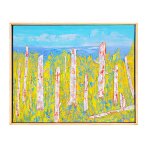 "The Lookouts" by Steven McHugh  Image: "The Lookouts" is an original oil and cold wax painting that beautifully depicts the ancient trees along the edge of Big Bay Town Park and Lake Superior. This unique artwork by Madeline Island painter Steve McHugh captures the essence of the past forest with bold abstract colors and intricate details of the foliage and beach grasses. Measuring 16.75" x 20.75" x 2.5", this painting is a stunning portrayal of the old tree remains that stand as a reminder of history and natural beauty. "The Lookouts" would make a captivating addition to any art collection, bringing a touch of the serene and majestic outdoors to any space. If you're looking for a one-of-a-kind piece that evokes a sense of wonder and admiration, The Lookouts is sure to impress.

This vibrant painting featuring a colorful, abstract representation of nature. The piece predominantly uses yellow, green, blue, and white hues. The foreground showcases tall, vertical white tree trunks with red highlights, suggesting birch trees. The background includes a blend of yellow and green, signifying foliage or grass, and a sky rendered in varying shades of blue and light blue, signifying a bright and clear day. The use of bold, contrasting colors and textured brushstrokes creates a dynamic and lively scene.

Shipping and sales tax will be determined upon destination is determined.