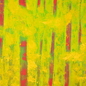 "Presence" by Steven McHugh  Image: Detail view of  "Presence," a bold, vibrant abstract landscape by Madeline Island artist Steve McHugh. Crafted using oil and cold wax on wood panel, this piece features an intense yellow and neon green background/foliage, contrasted with deep red tree trunks. The natural wood finish of the gallery floating frame, measuring 14.25" x 10.5" x 2.5", enhances its striking visual impact. As a mixed-media non-representational abstract painter, I bring the essence of the Apostle Islands to life, making each piece a unique addition to your collection. Explore  and immerse yourself in the artistry rooted in the beauty of Lake Superior.

This artwork is a vibrant abstract painting that features a vertical composition of tall, elongated rectangular shapes in varying shades of red set against a lush green and yellow background. The brushstrokes are textured, giving the piece a dynamic feel. The red shapes give an impression of tree trunks, creating a forest-like scene with a lively, almost dreamlike quality. The interplay of bright, contrasting colors conveys a sense of energy and movement. 

Sales tax and shipping is determined after destination is established.