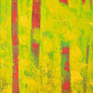 "Presence" by Steven McHugh  Image: Detail view of  "Presence," a bold, vibrant abstract landscape by Madeline Island artist Steve McHugh. Crafted using oil and cold wax on wood panel, this piece features an intense yellow and neon green background/foliage, contrasted with deep red tree trunks. The natural wood finish of the gallery floating frame, measuring 14.25" x 10.5" x 2.5", enhances its striking visual impact. As a mixed-media non-representational abstract painter, I bring the essence of the Apostle Islands to life, making each piece a unique addition to your collection. Explore  and immerse yourself in the artistry rooted in the beauty of Lake Superior.

This artwork is a vibrant abstract painting that features a vertical composition of tall, elongated rectangular shapes in varying shades of red set against a lush green and yellow background. The brushstrokes are textured, giving the piece a dynamic feel. The red shapes give an impression of tree trunks, creating a forest-like scene with a lively, almost dreamlike quality. The interplay of bright, contrasting colors conveys a sense of energy and movement. 

Sales tax and shipping is determined after destination is established.