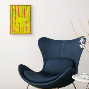 "Presence" by Steven McHugh  Image: Room view of  "Presence," a bold, vibrant abstract landscape by Madeline Island artist Steve McHugh. Crafted using oil and cold wax on wood panel, this piece features an intense yellow and neon green background/foliage, contrasted with deep red tree trunks. The natural wood finish of the gallery floating frame, measuring 14.25" x 10.5" x 2.5", enhances its striking visual impact. As a mixed-media non-representational abstract painter, I bring the essence of the Apostle Islands to life, making each piece a unique addition to your collection. Explore  and immerse yourself in the artistry rooted in the beauty of Lake Superior.

This artwork is a vibrant abstract painting that features a vertical composition of tall, elongated rectangular shapes in varying shades of red set against a lush green and yellow background. The brushstrokes are textured, giving the piece a dynamic feel. The red shapes give an impression of tree trunks, creating a forest-like scene with a lively, almost dreamlike quality. The interplay of bright, contrasting colors conveys a sense of energy and movement. 

Sales tax and shipping is determined after destination is established.