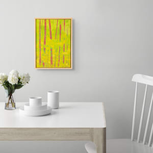 "Presence" by Steven McHugh  Image: Room view of  "Presence," a bold, vibrant abstract landscape by Madeline Island artist Steve McHugh. Crafted using oil and cold wax on wood panel, this piece features an intense yellow and neon green background/foliage, contrasted with deep red tree trunks. The natural wood finish of the gallery floating frame, measuring 14.25" x 10.5" x 2.5", enhances its striking visual impact. As a mixed-media non-representational abstract painter, I bring the essence of the Apostle Islands to life, making each piece a unique addition to your collection. Explore  and immerse yourself in the artistry rooted in the beauty of Lake Superior.

This artwork is a vibrant abstract painting that features a vertical composition of tall, elongated rectangular shapes in varying shades of red set against a lush green and yellow background. The brushstrokes are textured, giving the piece a dynamic feel. The red shapes give an impression of tree trunks, creating a forest-like scene with a lively, almost dreamlike quality. The interplay of bright, contrasting colors conveys a sense of energy and movement. 

Sales tax and shipping is determined after destination is established.