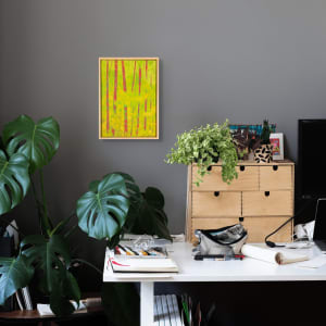 "Presence" by Steven McHugh  Image: Room view of  "Presence," a bold, vibrant abstract landscape by Madeline Island artist Steve McHugh. Crafted using oil and cold wax on wood panel, this piece features an intense yellow and neon green background/foliage, contrasted with deep red tree trunks. The natural wood finish of the gallery floating frame, measuring 14.25" x 10.5" x 2.5", enhances its striking visual impact. As a mixed-media non-representational abstract painter, I bring the essence of the Apostle Islands to life, making each piece a unique addition to your collection. Explore  and immerse yourself in the artistry rooted in the beauty of Lake Superior.

This artwork is a vibrant abstract painting that features a vertical composition of tall, elongated rectangular shapes in varying shades of red set against a lush green and yellow background. The brushstrokes are textured, giving the piece a dynamic feel. The red shapes give an impression of tree trunks, creating a forest-like scene with a lively, almost dreamlike quality. The interplay of bright, contrasting colors conveys a sense of energy and movement. 

Sales tax and shipping is determined after destination is established.