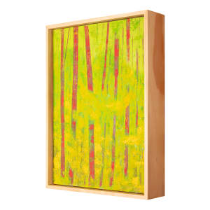 "Presence" by Steven McHugh  Image: Side view of "Presence," a bold, vibrant abstract landscape by Madeline Island artist Steve McHugh. Crafted using oil and cold wax on wood panel, this piece features an intense yellow and neon green background/foliage, contrasted with deep red tree trunks. The natural wood finish of the gallery floating frame, measuring 14.25" x 10.5" x 2.5", enhances its striking visual impact. As a mixed-media non-representational abstract painter, I bring the essence of the Apostle Islands to life, making each piece a unique addition to your collection. Explore  and immerse yourself in the artistry rooted in the beauty of Lake Superior.

This artwork is a vibrant abstract painting that features a vertical composition of tall, elongated rectangular shapes in varying shades of red set against a lush green and yellow background. The brushstrokes are textured, giving the piece a dynamic feel. The red shapes give an impression of tree trunks, creating a forest-like scene with a lively, almost dreamlike quality. The interplay of bright, contrasting colors conveys a sense of energy and movement. 

Sales tax and shipping is determined after destination is established.