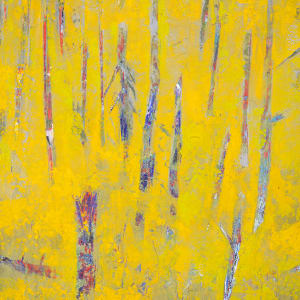 "Revelations" by Steven McHugh  Image: Detail view of  "Revelations," a bold abstract landscape painting by Madeline Island artist Steve McHugh. This captivating piece represents a forest with tree trunks in contrasting colors against a luminous yellow background, created with oil and cold wax on a wood panel measuring 14.25" x 10.5" x 2.5". Framed in a natural wood gallery floating frame, it adds an elegant touch to any space. Steve's unique style and deep connection to the Apostle Islands are infused in every brushstroke, offering both visual pleasure and profound inspiration. Elevate your collection with this stand-out work from a renowned mixed-media non-representational abstract painter.

The artwork is a painting primarily featuring vertical lines representing  trees. The color palette predominantly consists of vibrant yellows, lending a bright and warm tone to the piece. Additional colors like hints of purple, blue, and red intersperse the yellow, creating a sense of depth and texture. The background is a muted yellow-green, evoking a serene atmosphere. The painting is enclosed in a simple wooden frame that complements the natural theme of the artwork. The overall impression is abstract, with the shapes and colors blending together to create a lively yet harmonious composition.

Shipping and sales tax added after destination is determined.