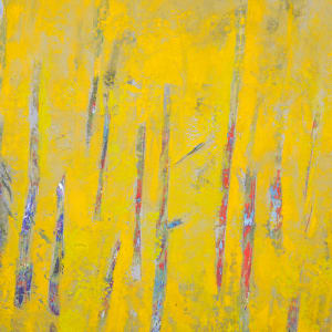 "Revelations" by Steven McHugh  Image: Detail view of  "Revelations," a bold abstract landscape painting by Madeline Island artist Steve McHugh. This captivating piece represents a forest with tree trunks in contrasting colors against a luminous yellow background, created with oil and cold wax on a wood panel measuring 14.25" x 10.5" x 2.5". Framed in a natural wood gallery floating frame, it adds an elegant touch to any space. Steve's unique style and deep connection to the Apostle Islands are infused in every brushstroke, offering both visual pleasure and profound inspiration. Elevate your collection with this stand-out work from a renowned mixed-media non-representational abstract painter.

The artwork is a painting primarily featuring vertical lines representing  trees. The color palette predominantly consists of vibrant yellows, lending a bright and warm tone to the piece. Additional colors like hints of purple, blue, and red intersperse the yellow, creating a sense of depth and texture. The background is a muted yellow-green, evoking a serene atmosphere. The painting is enclosed in a simple wooden frame that complements the natural theme of the artwork. The overall impression is abstract, with the shapes and colors blending together to create a lively yet harmonious composition.

Shipping and sales tax added after destination is determined.