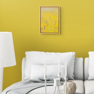 "Revelations" by Steven McHugh  Image: Room view of  "Revelations," a bold abstract landscape painting by Madeline Island artist Steve McHugh. This captivating piece represents a forest with tree trunks in contrasting colors against a luminous yellow background, created with oil and cold wax on a wood panel measuring 14.25" x 10.5" x 2.5". Framed in a natural wood gallery floating frame, it adds an elegant touch to any space. Steve's unique style and deep connection to the Apostle Islands are infused in every brushstroke, offering both visual pleasure and profound inspiration. Elevate your collection with this stand-out work from a renowned mixed-media non-representational abstract painter.

The artwork is a painting primarily featuring vertical lines representing  trees. The color palette predominantly consists of vibrant yellows, lending a bright and warm tone to the piece. Additional colors like hints of purple, blue, and red intersperse the yellow, creating a sense of depth and texture. The background is a muted yellow-green, evoking a serene atmosphere. The painting is enclosed in a simple wooden frame that complements the natural theme of the artwork. The overall impression is abstract, with the shapes and colors blending together to create a lively yet harmonious composition.

Shipping and sales tax added after destination is determined.