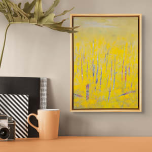"Revelations" by Steven McHugh  Image: Room view of  "Revelations," a bold abstract landscape painting by Madeline Island artist Steve McHugh. This captivating piece represents a forest with tree trunks in contrasting colors against a luminous yellow background, created with oil and cold wax on a wood panel measuring 14.25" x 10.5" x 2.5". Framed in a natural wood gallery floating frame, it adds an elegant touch to any space. Steve's unique style and deep connection to the Apostle Islands are infused in every brushstroke, offering both visual pleasure and profound inspiration. Elevate your collection with this stand-out work from a renowned mixed-media non-representational abstract painter.

The artwork is a painting primarily featuring vertical lines representing  trees. The color palette predominantly consists of vibrant yellows, lending a bright and warm tone to the piece. Additional colors like hints of purple, blue, and red intersperse the yellow, creating a sense of depth and texture. The background is a muted yellow-green, evoking a serene atmosphere. The painting is enclosed in a simple wooden frame that complements the natural theme of the artwork. The overall impression is abstract, with the shapes and colors blending together to create a lively yet harmonious composition.

Shipping and sales tax added after destination is determined.