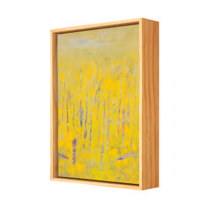 "Revelations" by Steven McHugh  Image: Side view of  "Revelations," a bold abstract landscape painting by Madeline Island artist Steve McHugh. This captivating piece represents a forest with tree trunks in contrasting colors against a luminous yellow background, created with oil and cold wax on a wood panel measuring 14.25" x 10.5" x 2.5". Framed in a natural wood gallery floating frame, it adds an elegant touch to any space. Steve's unique style and deep connection to the Apostle Islands are infused in every brushstroke, offering both visual pleasure and profound inspiration. Elevate your collection with this stand-out work from a renowned mixed-media non-representational abstract painter.

The artwork is a painting primarily featuring vertical lines representing  trees. The color palette predominantly consists of vibrant yellows, lending a bright and warm tone to the piece. Additional colors like hints of purple, blue, and red intersperse the yellow, creating a sense of depth and texture. The background is a muted yellow-green, evoking a serene atmosphere. The painting is enclosed in a simple wooden frame that complements the natural theme of the artwork. The overall impression is abstract, with the shapes and colors blending together to create a lively yet harmonious composition.

Shipping and sales tax added after destination is determined.