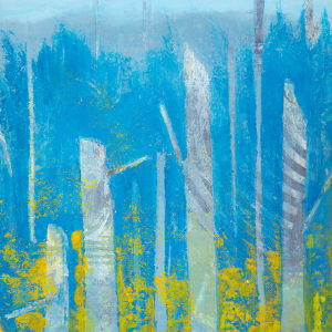 "Dreamscape" by Steven McHugh  Image: Detail view of  "Dreamscape," a dreamy abstract landscape painting by Madeline artist Steve McHugh. This exquisite piece, crafted with oil and cold wax on a wood panel of 14.25" x 10.5" x 2.5", showcases vertical old trees against a serene blue horizon and bold yellow near foliage. Framed in a sophisticated wood-finished gallery floating frame, it is a refined addition to any art collection. Each piece is personally signed by Steve McHugh on both the front and back, ensuring authenticity and a personal touch. 

This abstract landscape  is a vibrant painting featuring a composition of tall, vertical  tree trunks. The background transitions from a soft, muted purple at the top to a gradient blue and cyan, giving a sense of depth and atmosphere. The middle section is predominantly blue with vertical streaks, while the bottom third of the painting is filled with dynamic and textured yellow patches, suggesting a  forest floor. The interplay of cool blue tones with the bright yellow creates a striking visual contrast, evoking a vivid and energetic landscape. The brushstrokes are expressive and contribute to the overall impressionistic feel of the piece.