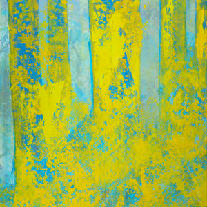 "Dreamscape" by Steven McHugh  Image: Detail view of  "Dreamscape," a dreamy abstract landscape painting by Madeline artist Steve McHugh. This exquisite piece, crafted with oil and cold wax on a wood panel of 14.25" x 10.5" x 2.5", showcases vertical old trees against a serene blue horizon and bold yellow near foliage. Framed in a sophisticated wood-finished gallery floating frame, it is a refined addition to any art collection. Each piece is personally signed by Steve McHugh on both the front and back, ensuring authenticity and a personal touch. 

This abstract landscape  is a vibrant painting featuring a composition of tall, vertical  tree trunks. The background transitions from a soft, muted purple at the top to a gradient blue and cyan, giving a sense of depth and atmosphere. The middle section is predominantly blue with vertical streaks, while the bottom third of the painting is filled with dynamic and textured yellow patches, suggesting a  forest floor. The interplay of cool blue tones with the bright yellow creates a striking visual contrast, evoking a vivid and energetic landscape. The brushstrokes are expressive and contribute to the overall impressionistic feel of the piece.