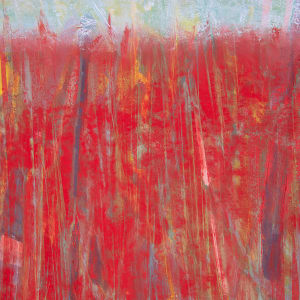 "Listen To The Silence" by Steven McHugh  Image: Detail view of "Listen To The Silence,"  a bold, intensive abstract landscape by Madeline Island artist Steve McHugh. This painting features textured areas with a gold lower section, a vibrant red center, and a serene blue sky above. A mixture of colors in the trees adds a vertical motion that breathes life and movement into the piece. Crafted with oil and cold wax on a wood panel, it measures 12.75" X 16.75" X 2.5" and comes framed in gallery floating frame finished in natural wood. This striking composition captures the essence of nature's tranquility through an abstract lens, perfect for any discerning art lover.

This abstract landscape painting is characterized by bold, vertical brushstrokes. The upper portion of the canvas is dominated by vibrant reds with subtle variations, creating a textured field of color. Interspersed among the reds are hints of blues and purples that add depth and complexity. The lower section transitions into warmer tones of yellows and oranges, giving the piece a gradient effect. Steve use of layers and color interplay evokes a sense of movement and emotion within a seemingly chaotic yet deliberately structured composition. The painting is framed in a simple, natural wooden frame that complements and contains the vivid energy of the artwork.

Sales tax and shipping is added after it's destination is determined.