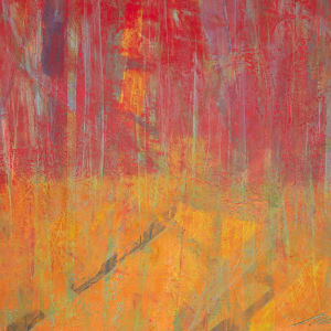 "Listen To The Silence" by Steven McHugh  Image: Detail view of "Listen To The Silence,"  a bold, intensive abstract landscape by Madeline Island artist Steve McHugh. This painting features textured areas with a gold lower section, a vibrant red center, and a serene blue sky above. A mixture of colors in the trees adds a vertical motion that breathes life and movement into the piece. Crafted with oil and cold wax on a wood panel, it measures 12.75" X 16.75" X 2.5" and comes framed in gallery floating frame finished in natural wood. This striking composition captures the essence of nature's tranquility through an abstract lens, perfect for any discerning art lover.

This abstract landscape painting is characterized by bold, vertical brushstrokes. The upper portion of the canvas is dominated by vibrant reds with subtle variations, creating a textured field of color. Interspersed among the reds are hints of blues and purples that add depth and complexity. The lower section transitions into warmer tones of yellows and oranges, giving the piece a gradient effect. Steve use of layers and color interplay evokes a sense of movement and emotion within a seemingly chaotic yet deliberately structured composition. The painting is framed in a simple, natural wooden frame that complements and contains the vivid energy of the artwork.

Sales tax and shipping is added after it's destination is determined.