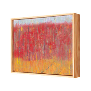 "Listen To The Silence" by Steven McHugh  Image: Side view of "Listen To The Silence,"  a bold, intensive abstract landscape by Madeline Island artist Steve McHugh. This painting features textured areas with a gold lower section, a vibrant red center, and a serene blue sky above. A mixture of colors in the trees adds a vertical motion that breathes life and movement into the piece. Crafted with oil and cold wax on a wood panel, it measures 12.75" X 16.75" X 2.5" and comes framed in gallery floating frame finished in natural wood. This striking composition captures the essence of nature's tranquility through an abstract lens, perfect for any discerning art lover.

This abstract landscape painting is characterized by bold, vertical brushstrokes. The upper portion of the canvas is dominated by vibrant reds with subtle variations, creating a textured field of color. Interspersed among the reds are hints of blues and purples that add depth and complexity. The lower section transitions into warmer tones of yellows and oranges, giving the piece a gradient effect. Steve use of layers and color interplay evokes a sense of movement and emotion within a seemingly chaotic yet deliberately structured composition. The painting is framed in a simple, natural wooden frame that complements and contains the vivid energy of the artwork.

Sales tax and shipping is added after it's destination is determined.