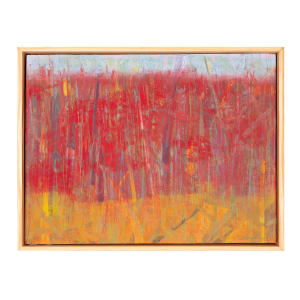 "Listen To The Silence" by Steven McHugh  Image: "Listen To The Silence" is a bold, intensive abstract landscape by Madeline Island artist Steve McHugh. This painting features textured areas with a gold lower section, a vibrant red center, and a serene blue sky above. A mixture of colors in the trees adds a vertical motion that breathes life and movement into the piece. Crafted with oil and cold wax on a wood panel, it measures 12.75" X 16.75" X 2.5" and comes framed in gallery floating frame finished in natural wood. This striking composition captures the essence of nature's tranquility through an abstract lens, perfect for any discerning art lover.

This abstract landscape painting is characterized by bold, vertical brushstrokes. The upper portion of the canvas is dominated by vibrant reds with subtle variations, creating a textured field of color. Interspersed among the reds are hints of blues and purples that add depth and complexity. The lower section transitions into warmer tones of yellows and oranges, giving the piece a gradient effect. Steve use of layers and color interplay evokes a sense of movement and emotion within a seemingly chaotic yet deliberately structured composition. The painting is framed in a simple, natural wooden frame that complements and contains the vivid energy of the artwork.

Sales tax and shipping is added after it's destination is determined.