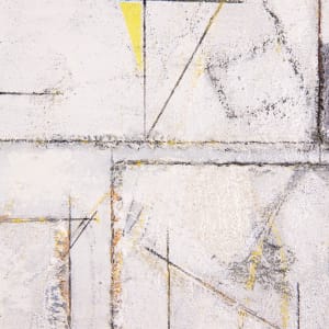 "This Space In Time" by Steven McHugh  Image: Detail view of "This Space In Time," a stunning work by Steve McHugh that redefines minimalism. What first appears to be just a minimalist, abstract painting in white holds layers of textures, modern composition in crayon and pencil, bold strokes and mark making and subtle colors. This study for urban setting is crafted using oil, cold wax, crayon, and graphite on wood panel covered with layers of canvas. Measuring 16.75" x 12.75" x 2.5", it is a testament to the intricate and purposeful layering that characterizes McHugh's work newest collection. Ideal for discerning collectors, this piece captures the essence of modern abstraction with a refined touch.

This minimalist, abstract painting  features a series of thin, intersecting lines creating a geometric composition. The primary colors used are black, yellow, and shades of gray on a predominantly white background. The lines and shapes form various rectangular and polygonal forms, some filled with color and texture, creating a sense of depth and movement within the composition. The overall style is modern and abstract, with a focus on linear structures and subtle color contrasts. Framed in a simple wood gallery floating frame.

Sales tax and shipping costs determined with destination.