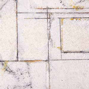 "This Space In Time" by Steven McHugh  Image: Detail view of "This Space In Time," a stunning work by Steve McHugh that redefines minimalism. What first appears to be just a minimalist, abstract painting in white holds layers of textures, modern composition in crayon and pencil, bold strokes and mark making and subtle colors. This study for urban setting is crafted using oil, cold wax, crayon, and graphite on wood panel covered with layers of canvas. Measuring 16.75" x 12.75" x 2.5", it is a testament to the intricate and purposeful layering that characterizes McHugh's work newest collection. Ideal for discerning collectors, this piece captures the essence of modern abstraction with a refined touch.

This minimalist, abstract painting  features a series of thin, intersecting lines creating a geometric composition. The primary colors used are black, yellow, and shades of gray on a predominantly white background. The lines and shapes form various rectangular and polygonal forms, some filled with color and texture, creating a sense of depth and movement within the composition. The overall style is modern and abstract, with a focus on linear structures and subtle color contrasts. Framed in a simple wood gallery floating frame.

Sales tax and shipping costs determined with destination.