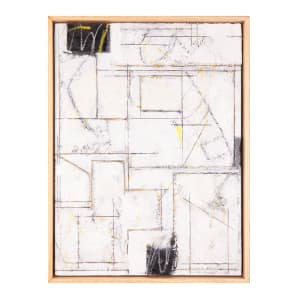 "This Space In Time" by Steven McHugh  Image: Discover "This Space In Time," a stunning work by Steve McHugh that redefines minimalism. What first appears to be just a minimalist, abstract painting in white holds layers of textures, modern composition in crayon and pencil, bold strokes and mark making and subtle colors. This study for urban setting is crafted using oil, cold wax, crayon, and graphite on wood panel covered with layers of canvas. Measuring 16.75" x 12.75" x 2.5", it is a testament to the intricate and purposeful layering that characterizes McHugh's work newest collection. Ideal for discerning collectors, this piece captures the essence of modern abstraction with a refined touch.

This minimalist, abstract painting  features a series of thin, intersecting lines creating a geometric composition. The primary colors used are black, yellow, and shades of gray on a predominantly white background. The lines and shapes form various rectangular and polygonal forms, some filled with color and texture, creating a sense of depth and movement within the composition. The overall style is modern and abstract, with a focus on linear structures and subtle color contrasts. Framed in a simple wood gallery floating frame.

Sales tax and shipping costs determined with destination.