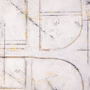 "Looking For Meaning" by Steven McHugh  Image: Detail view of  "Looking For Meaning,"  an exquisite 16.75" x 16.75" x 2.5" abstract piece crafted with oil and cold wax, beach sand, graphite, and crayon. Each layer invites you to explore the nuanced interplay of materials and colors, inspired by urban settings. This artwork exemplifies the unique, non-representational abstract style found exclusively at stevemchughart.com, where every piece conveys depth and emotion. Elevate your space with this captivating blend of simplicity and complexity.

This artwork is a piece of abstract art that features a series of intersecting lines and geometric shapes. The composition is made up primarily of curved lines and straight edges that form a grid-like pattern. The background is predominantly white, with areas of texture that give it a slightly rough and tactile appearance. Several areas contain dark black and yellow accents, which add depth and contrast to the piece. The overall impression is one of a well-balanced and dynamic interplay between order and randomness, with the clean lines and shapes suggesting architectural or technical influences.

Sales tax and shipping cost added after destination is determined.