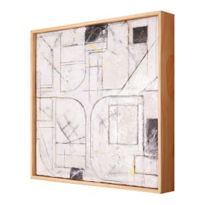 "Looking For Meaning" by Steven McHugh  Image: Side view of  "Looking For Meaning,"  an exquisite 16.75" x 16.75" x 2.5" abstract piece crafted with oil and cold wax, beach sand, graphite, and crayon. Each layer invites you to explore the nuanced interplay of materials and colors, inspired by urban settings. This artwork exemplifies the unique, non-representational abstract style found exclusively at stevemchughart.com, where every piece conveys depth and emotion. Elevate your space with this captivating blend of simplicity and complexity.

This artwork is a piece of abstract art that features a series of intersecting lines and geometric shapes. The composition is made up primarily of curved lines and straight edges that form a grid-like pattern. The background is predominantly white, with areas of texture that give it a slightly rough and tactile appearance. Several areas contain dark black and yellow accents, which add depth and contrast to the piece. The overall impression is one of a well-balanced and dynamic interplay between order and randomness, with the clean lines and shapes suggesting architectural or technical influences.

Sales tax and shipping cost added after destination is determined.