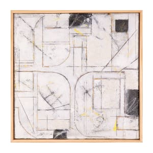 "Looking For Meaning" by Steven McHugh  Image: What looks like a minimalist white painting but come closer, look at the layers of texture, fine mark making, touches of yellow, areas of black with crayon bold marks. "Looking For Meaning" is an exquisite 16.75" x 16.75" x 2.5" abstract piece crafted with oil and cold wax, beach sand, graphite, and crayon. Each layer invites you to explore the nuanced interplay of materials and colors, inspired by urban settings. This artwork exemplifies the unique, non-representational abstract style found exclusively at stevemchughart.com, where every piece conveys depth and emotion. Elevate your space with this captivating blend of simplicity and complexity.

This artwork is a piece of abstract art that features a series of intersecting lines and geometric shapes. The composition is made up primarily of curved lines and straight edges that form a grid-like pattern. The background is predominantly white, with areas of texture that give it a slightly rough and tactile appearance. Several areas contain dark black and yellow accents, which add depth and contrast to the piece. The overall impression is one of a well-balanced and dynamic interplay between order and randomness, with the clean lines and shapes suggesting architectural or technical influences.

Sales tax and shipping cost added after destination is determined.