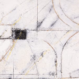 "Muted" by Steven McHugh  Image: Detail view of "Muted,"  an abstract minimalistic composition of a white surface enriched with layers of textures and intricate mark making. This mixed media creation combines elements such as canvas on canvas, oil, cold wax, beach sand, graphite, and crayon, meticulously assembled on a 16.75" x 16.75" x 2.5" wood panel. Framed in a natural wood gallery floating frame, "Muted" captures the serene yet complex beauty inspired by urban envirorment. Experience the serene elegance and tactile depth that embodies the essence of non-representational abstract art bySteve McHugh.

This  abstract composition primarily done in a white foreground over subtle shades of black and faint yellow. It incorporates a mix of geometric shapes and lines, including squares, rectangles, and arcs, which overlap and intersect each other. The lines are primarily thin and delicate, with a few bold strokes. The texture of the painting adds depth, while the monochromatic palette with slight hints of color enhances the minimalistic yet complex design. The artwork is framed in a simple wooden frame, which contrasts with the intricate patterns within the piece.

Sales tax and shipping added after destination is determined.