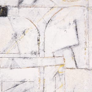 "Muted" by Steven McHugh  Image: Detail view of "Muted,"  an abstract minimalistic composition of a white surface enriched with layers of textures and intricate mark making. This mixed media creation combines elements such as canvas on canvas, oil, cold wax, beach sand, graphite, and crayon, meticulously assembled on a 16.75" x 16.75" x 2.5" wood panel. Framed in a natural wood gallery floating frame, "Muted" captures the serene yet complex beauty inspired by urban envirorment. Experience the serene elegance and tactile depth that embodies the essence of non-representational abstract art bySteve McHugh.

This  abstract composition primarily done in a white foreground over subtle shades of black and faint yellow. It incorporates a mix of geometric shapes and lines, including squares, rectangles, and arcs, which overlap and intersect each other. The lines are primarily thin and delicate, with a few bold strokes. The texture of the painting adds depth, while the monochromatic palette with slight hints of color enhances the minimalistic yet complex design. The artwork is framed in a simple wooden frame, which contrasts with the intricate patterns within the piece.

Sales tax and shipping added after destination is determined.