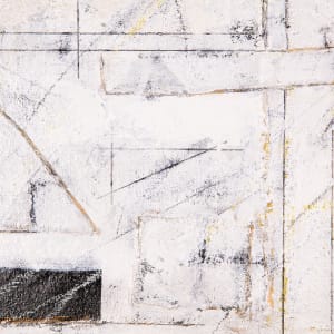 "Muted" by Steven McHugh  Image: Detail view of "Muted,"  an abstract minimalistic composition of a white surface enriched with layers of textures and intricate mark making. This mixed media creation combines elements such as canvas on canvas, oil, cold wax, beach sand, graphite, and crayon, meticulously assembled on a 16.75" x 16.75" x 2.5" wood panel. Framed in a natural wood gallery floating frame, "Muted" captures the serene yet complex beauty inspired by urban envirorment. Experience the serene elegance and tactile depth that embodies the essence of non-representational abstract art bySteve McHugh.

This  abstract composition primarily done in a white foreground over subtle shades of black and faint yellow. It incorporates a mix of geometric shapes and lines, including squares, rectangles, and arcs, which overlap and intersect each other. The lines are primarily thin and delicate, with a few bold strokes. The texture of the painting adds depth, while the monochromatic palette with slight hints of color enhances the minimalistic yet complex design. The artwork is framed in a simple wooden frame, which contrasts with the intricate patterns within the piece.

Sales tax and shipping added after destination is determined.