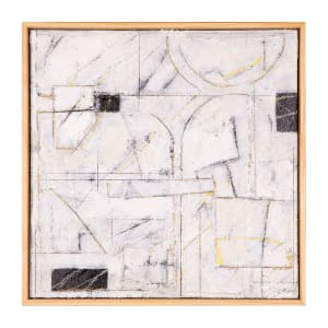 "Muted" by Steven McHugh  Image: "Muted" is an abstract minimalistic composition of a white surface enriched with layers of textures and intricate mark making. This mixed media creation combines elements such as canvas on canvas, oil, cold wax, beach sand, graphite, and crayon, meticulously assembled on a 16.75" x 16.75" x 2.5" wood panel. Framed in a natural wood gallery floating frame, "Muted" captures the serene yet complex beauty inspired by urban envirorment. Experience the serene elegance and tactile depth that embodies the essence of non-representational abstract art bySteve McHugh.

This  abstract composition primarily done in a white foreground over subtle shades of black and faint yellow. It incorporates a mix of geometric shapes and lines, including squares, rectangles, and arcs, which overlap and intersect each other. The lines are primarily thin and delicate, with a few bold strokes. The texture of the painting adds depth, while the monochromatic palette with slight hints of color enhances the minimalistic yet complex design. The artwork is framed in a simple wooden frame, which contrasts with the intricate patterns within the piece.

Sales tax and shipping added after destination is determined.