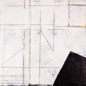 "Segment #1" by Steven McHugh  Image: Detail view of "Segment #1,"  a minimalistic abstract painting inspired by urban and architectural elements, featuring a striking dark underpainting on a double canvas background. The subtle interplay of oil, cold wax, graphite, and beach sand textures come alive as glimpses of under colors break through a serene overlay of white. Measuring 31" x 31" x 2.5", this evocative piece is framed in a sleek black gallery floating frame, adding a sophisticated touch to any space. . Elevate your collection with this captivating and thoughtfully crafted artwork.

The artwork is an abstract painting dominated by large, bold, black geometrical shapes set against a white background. The black forms are arranged in a way that they intersect and create a sense of depth and structure. Fine lines in various shades of black and gray intersect across the canvas, forming a complex grid that adds texture and complexity to the composition. Subtle hints of yellow are present, particularly in the upper left and lower right corners, adding a touch of warmth to the monochrome palette. The overall effect is one of a structured, yet dynamic composition that merges geometric precision with abstract artistry.

Sales tax and shipping added after destination is established.