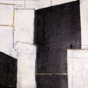 "Segment #1" by Steven McHugh  Image: Detail view of "Segment #1,"  a minimalistic abstract painting inspired by urban and architectural elements, featuring a striking dark underpainting on a double canvas background. The subtle interplay of oil, cold wax, graphite, and beach sand textures come alive as glimpses of under colors break through a serene overlay of white. Measuring 31" x 31" x 2.5", this evocative piece is framed in a sleek black gallery floating frame, adding a sophisticated touch to any space. . Elevate your collection with this captivating and thoughtfully crafted artwork.

The artwork is an abstract painting dominated by large, bold, black geometrical shapes set against a white background. The black forms are arranged in a way that they intersect and create a sense of depth and structure. Fine lines in various shades of black and gray intersect across the canvas, forming a complex grid that adds texture and complexity to the composition. Subtle hints of yellow are present, particularly in the upper left and lower right corners, adding a touch of warmth to the monochrome palette. The overall effect is one of a structured, yet dynamic composition that merges geometric precision with abstract artistry.

Sales tax and shipping added after destination is established.