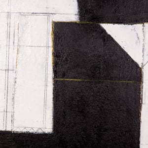 "Segment #1" by Steven McHugh  Image: Detail view of "Segment #1,"  a minimalistic abstract painting inspired by urban and architectural elements, featuring a striking dark underpainting on a double canvas background. The subtle interplay of oil, cold wax, graphite, and beach sand textures come alive as glimpses of under colors break through a serene overlay of white. Measuring 31" x 31" x 2.5", this evocative piece is framed in a sleek black gallery floating frame, adding a sophisticated touch to any space. . Elevate your collection with this captivating and thoughtfully crafted artwork.

The artwork is an abstract painting dominated by large, bold, black geometrical shapes set against a white background. The black forms are arranged in a way that they intersect and create a sense of depth and structure. Fine lines in various shades of black and gray intersect across the canvas, forming a complex grid that adds texture and complexity to the composition. Subtle hints of yellow are present, particularly in the upper left and lower right corners, adding a touch of warmth to the monochrome palette. The overall effect is one of a structured, yet dynamic composition that merges geometric precision with abstract artistry.

Sales tax and shipping added after destination is established.