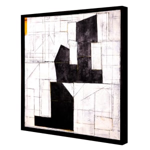 "Segment #1" by Steven McHugh  Image: Side  view of "Segment #1,"  a minimalistic abstract painting inspired by urban and architectural elements, featuring a striking dark underpainting on a double canvas background. The subtle interplay of oil, cold wax, graphite, and beach sand textures come alive as glimpses of under colors break through a serene overlay of white. Measuring 31" x 31" x 2.5", this evocative piece is framed in a sleek black gallery floating frame, adding a sophisticated touch to any space. . Elevate your collection with this captivating and thoughtfully crafted artwork.

The artwork is an abstract painting dominated by large, bold, black geometrical shapes set against a white background. The black forms are arranged in a way that they intersect and create a sense of depth and structure. Fine lines in various shades of black and gray intersect across the canvas, forming a complex grid that adds texture and complexity to the composition. Subtle hints of yellow are present, particularly in the upper left and lower right corners, adding a touch of warmth to the monochrome palette. The overall effect is one of a structured, yet dynamic composition that merges geometric precision with abstract artistry.

Sales tax and shipping added after destination is established.