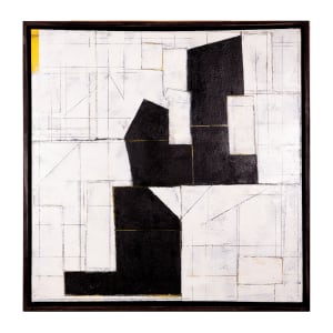 "Segment #1" by Steven McHugh  Image: "Segment #1" is a minimalistic abstract painting inspired by urban and architectural elements, featuring a striking dark underpainting on a double canvas background. The subtle interplay of oil, cold wax, graphite, and beach sand textures come alive as glimpses of under colors break through a serene overlay of white. Measuring 31" x 31" x 2.5", this evocative piece is framed in a sleek black gallery floating frame, adding a sophisticated touch to any space. . Elevate your collection with this captivating and thoughtfully crafted artwork.

The artwork is an abstract painting dominated by large, bold, black geometrical shapes set against a white background. The black forms are arranged in a way that they intersect and create a sense of depth and structure. Fine lines in various shades of black and gray intersect across the canvas, forming a complex grid that adds texture and complexity to the composition. Subtle hints of yellow are present, particularly in the upper left and lower right corners, adding a touch of warmth to the monochrome palette. The overall effect is one of a structured, yet dynamic composition that merges geometric precision with abstract artistry.

Sales tax and shipping added after destination is established.