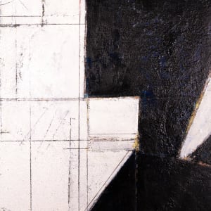 "Segment #2" by Steven McHugh  Image: Detail view of  "Segment #2," an abstract minimalistic painting by renowned artist Steve McHugh. This piece features a unique canvas on canvas construction, adding a layered dimension that captivates. Subtle but bold color underpainting peeks through around stark black forms, complemented by intricate graphite geometric drawings on the surface. Measuring 31" x 31" x 3" and elegantly framed in a black gallery floating frame, this black and white composition encapsulates Steve McHugh's mastery in contemporary abstract art. Discover this artwork and more, exclusively at stevemchughart.com.

The artwork is an abstract composition featuring a stark contrast between black shapes and a white background. The black forms are geometric and intersect to create a balanced yet dynamic pattern. The underlying white canvas is interspersed with fine lines and subtle hints of other geometric shapes, adding depth and complexity to the piece. The artwork demonstrates a strong use of negative space and precision in the alignment and overlap of shapes. The clean lines and the monochromatic palette contribute to its modern and minimalist aesthetic.