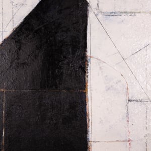 "Segment #2" by Steven McHugh  Image: Detail view of  "Segment #2," an abstract minimalistic painting by renowned artist Steve McHugh. This piece features a unique canvas on canvas construction, adding a layered dimension that captivates. Subtle but bold color underpainting peeks through around stark black forms, complemented by intricate graphite geometric drawings on the surface. Measuring 31" x 31" x 3" and elegantly framed in a black gallery floating frame, this black and white composition encapsulates Steve McHugh's mastery in contemporary abstract art. Discover this artwork and more, exclusively at stevemchughart.com.

The artwork is an abstract composition featuring a stark contrast between black shapes and a white background. The black forms are geometric and intersect to create a balanced yet dynamic pattern. The underlying white canvas is interspersed with fine lines and subtle hints of other geometric shapes, adding depth and complexity to the piece. The artwork demonstrates a strong use of negative space and precision in the alignment and overlap of shapes. The clean lines and the monochromatic palette contribute to its modern and minimalist aesthetic.